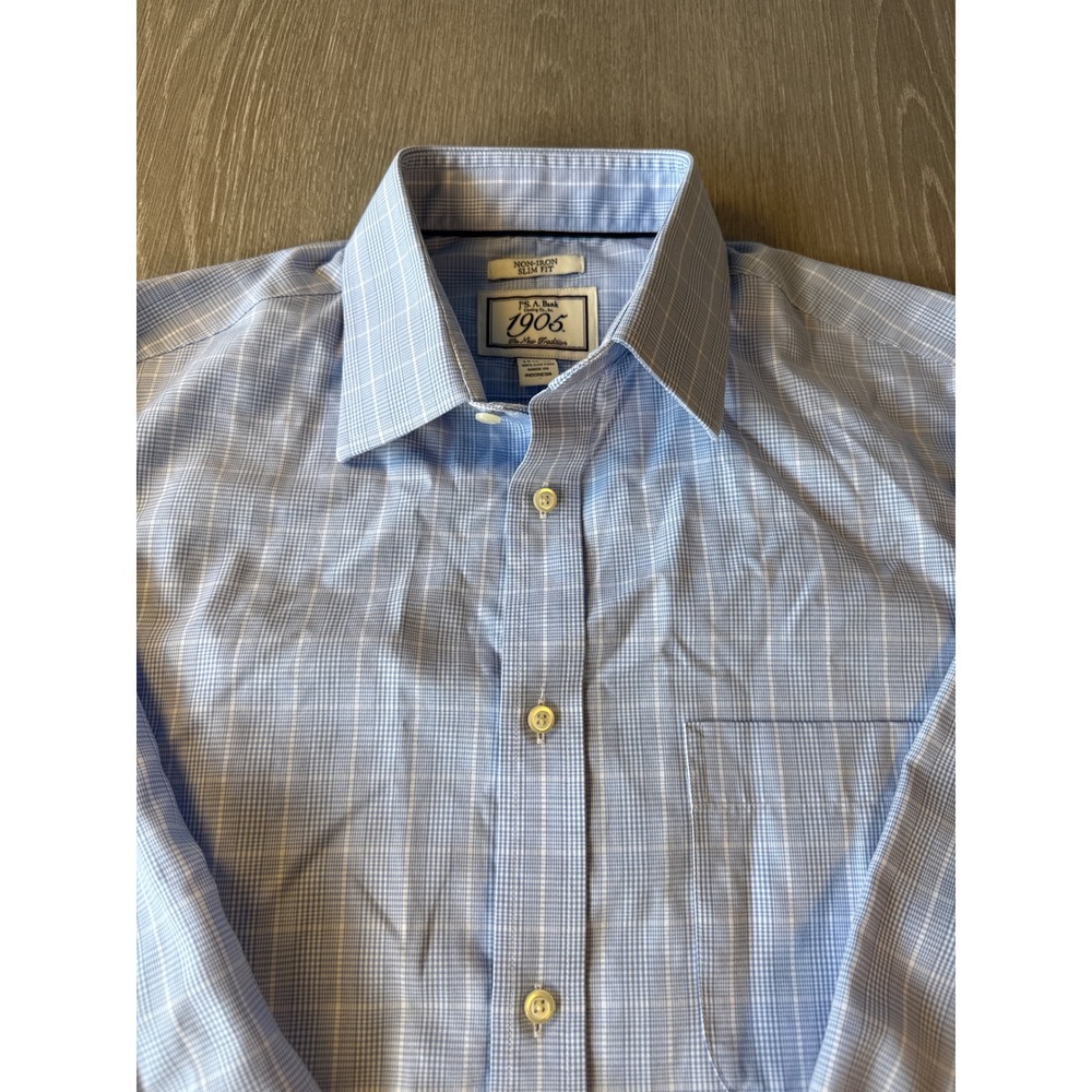 Jos. A. Bank 1905 Mens Slim Fit Non-Iron Dress Shirt Blue White Check 15.5 32